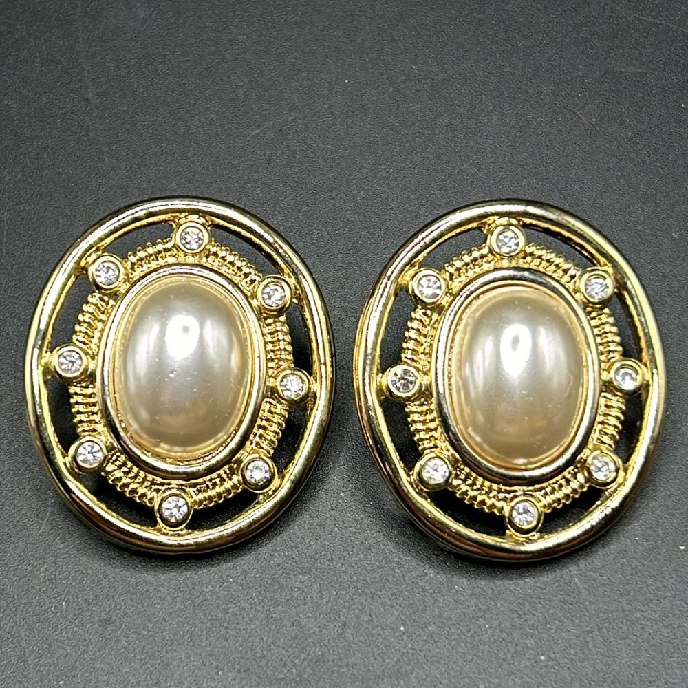 VTG Givenchy Estate Post Back Gold Tone Faux Pearl Rhinestones Large Earrings